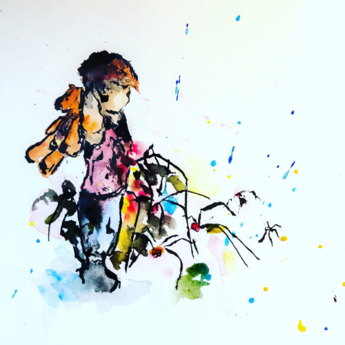 Watercolor Boy with Spiders