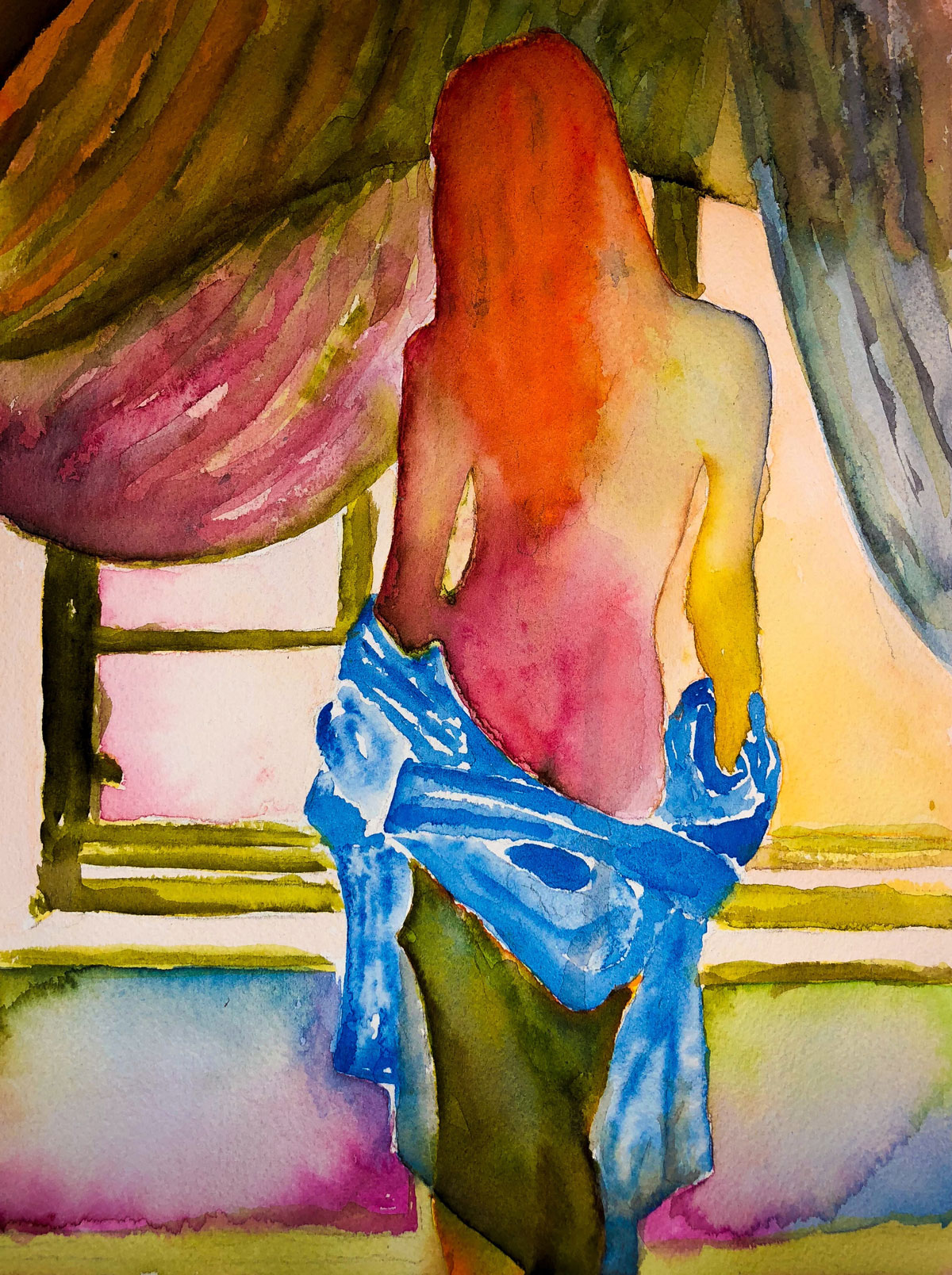 Watercolor woman staring out a window